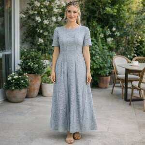 Tea N Rose Dusty Blue Short Sleeve Eyelet Lace Maxi Dress